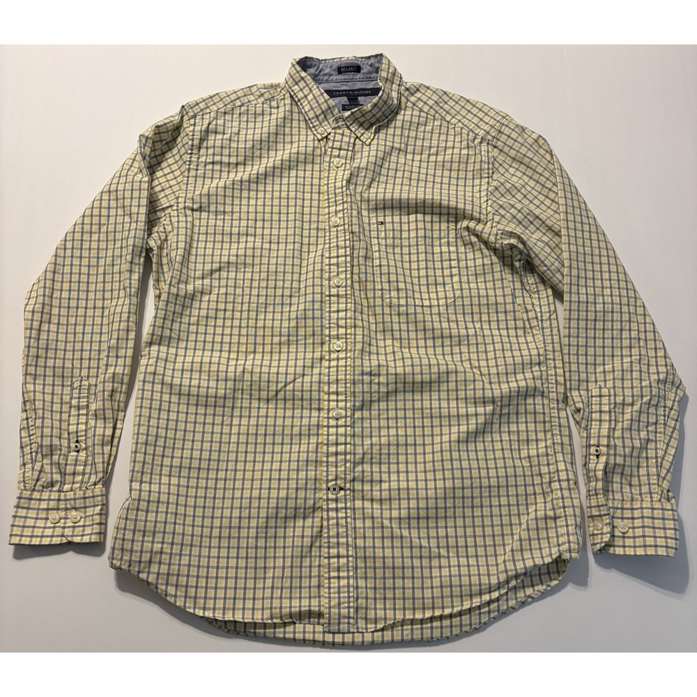 Tommy Hilfiger Men's Medium Classic Fit Plaid Shirt Yellow Blue Cotton - Picture 4 of 11
